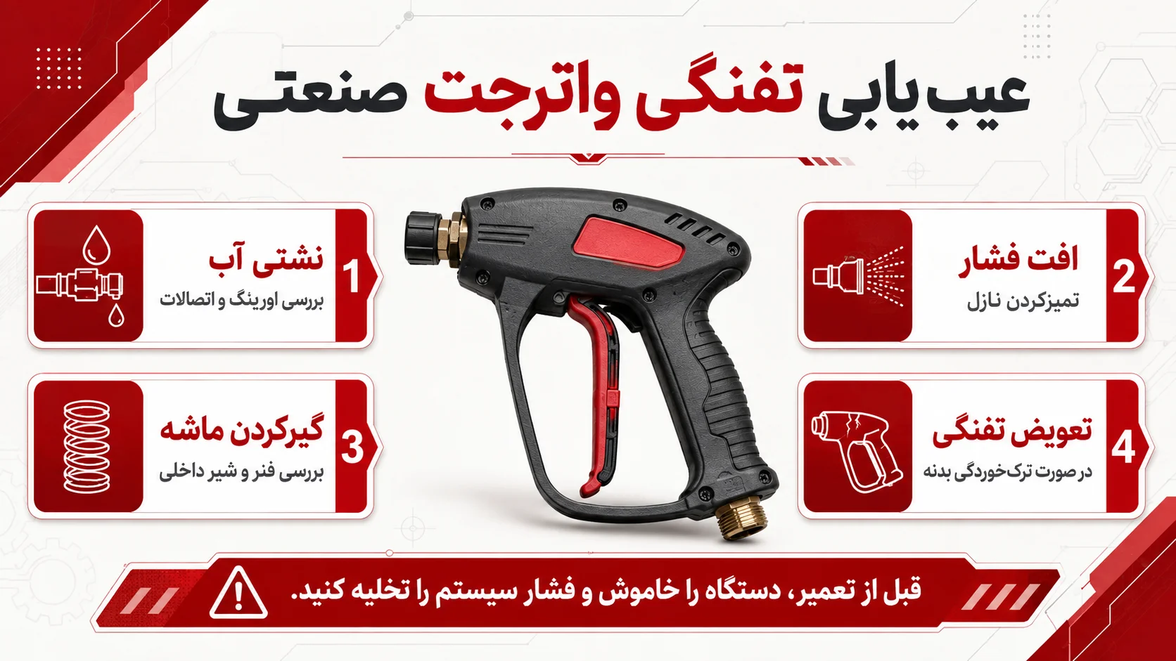 راهنمای گامبهگام تعمیر دسته تفنگی کارواش صنعتی رفع نشتی تفنگی کارواش صنعتی