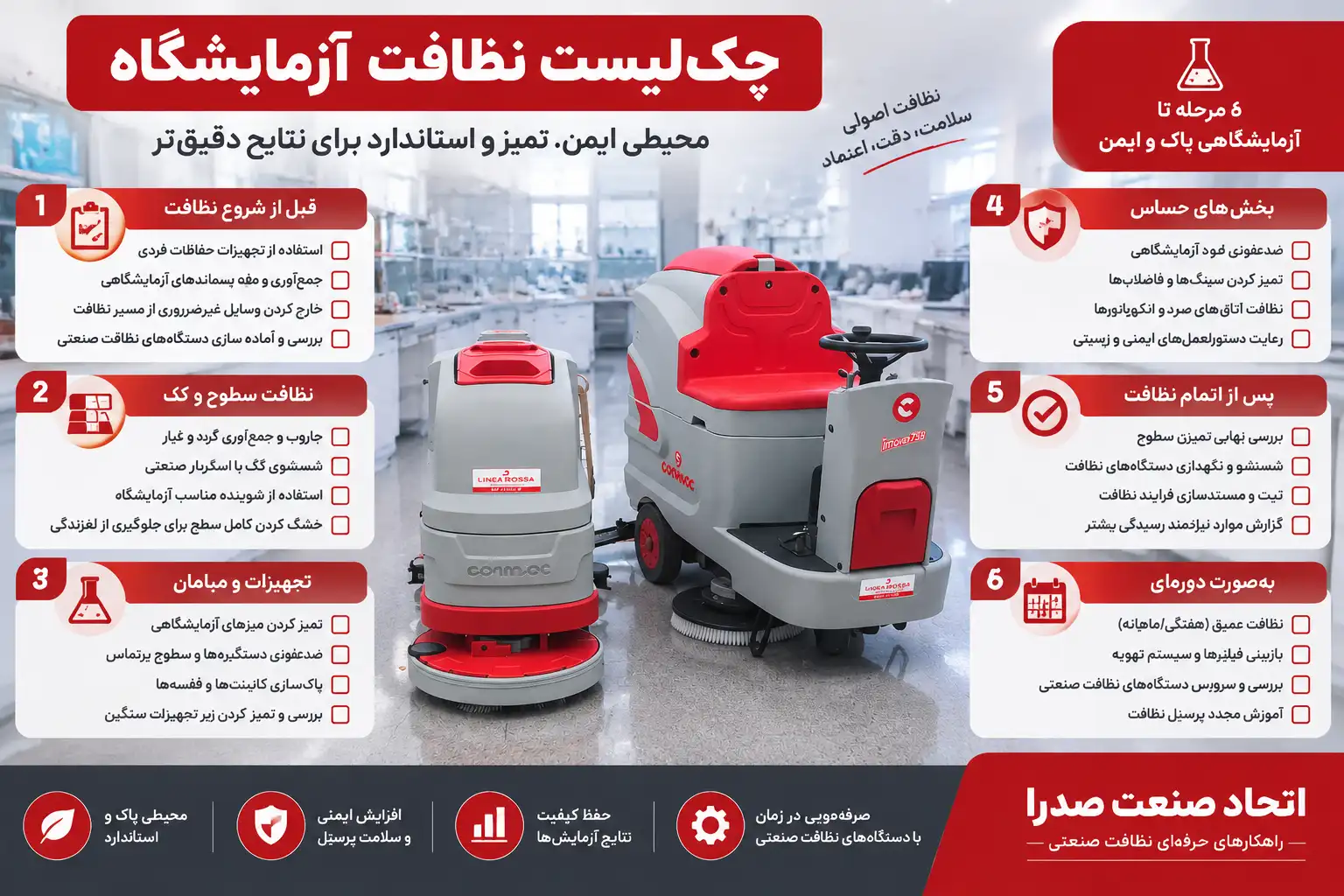 چک لیست نظافت آزمایشگاه با اسکرابر؛ دستورالعمل کامل شستشو و ضدعفونی نظافت ازمایشگاه